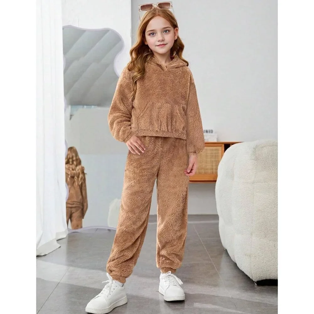 Girls Fuzzy Bear Ear Plaid Hoodie Pullover Sweatshirt with Pocket Sweatpants Fal